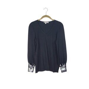 Chicos Sequin Cuff Pullover Sweater V-Neck Black Holiday Sparkle Size 0 US Small